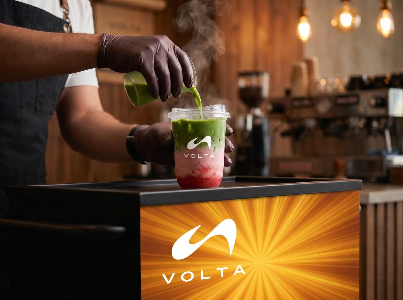 A Volta barista crafting a layered matcha drink at the cart